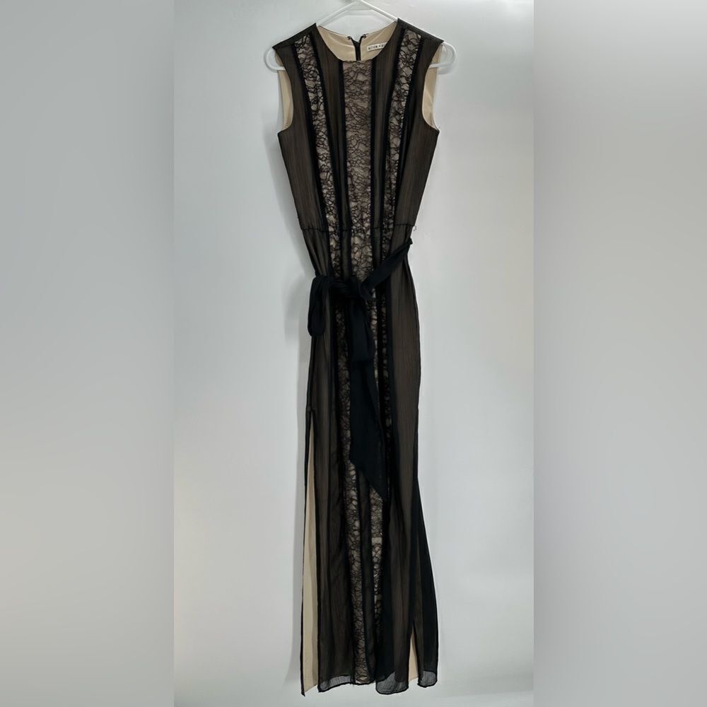 Alice + Olivia Chiffon Lace Maxi Dress Black Nude Side Slit Size 4